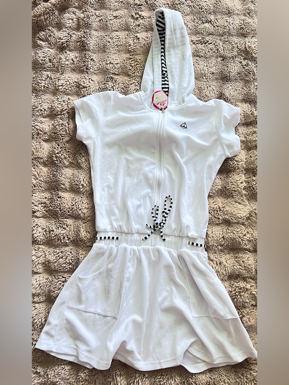 Girls' White Hooded Zip Casual Dress with Striped Trim
